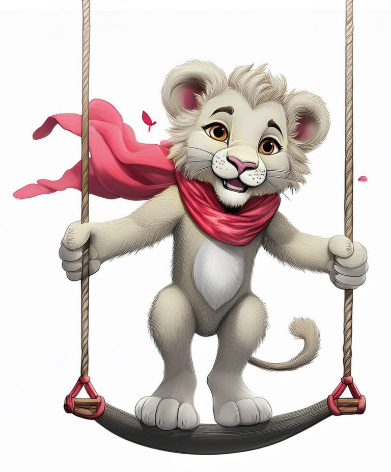 Dieses Bild zeigt den jungen Casaleo - ein Löwenbaby mit grauem Fell - der auf einer Schaukel dargestellt ist. Er hat ein rotes, flatterndes Halstuch an.